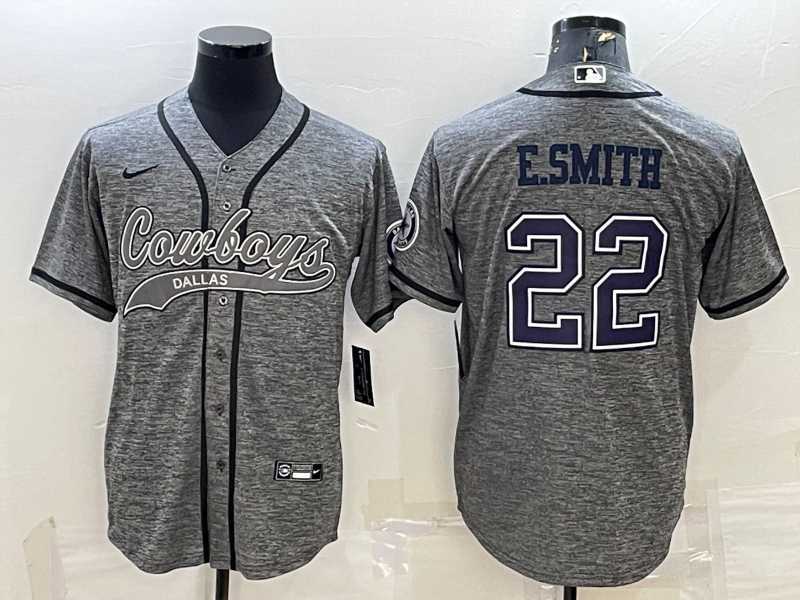 Mens Dallas Cowboys #22 Emmitt Smith Grey Gridiron With Patch Cool Base Stitched Baseball Jersey